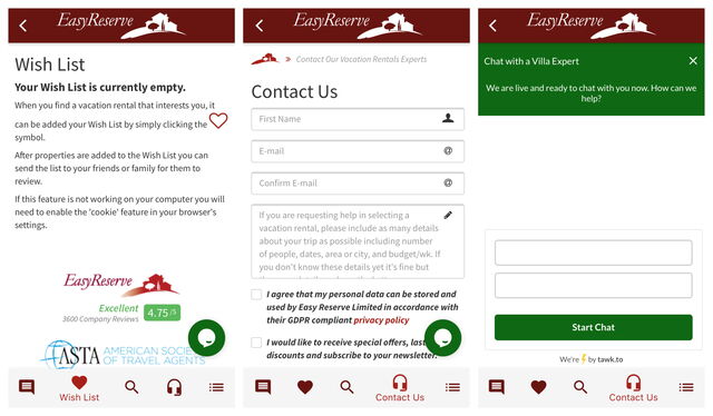 Easy Reserve App, Wishlist and Contact Us