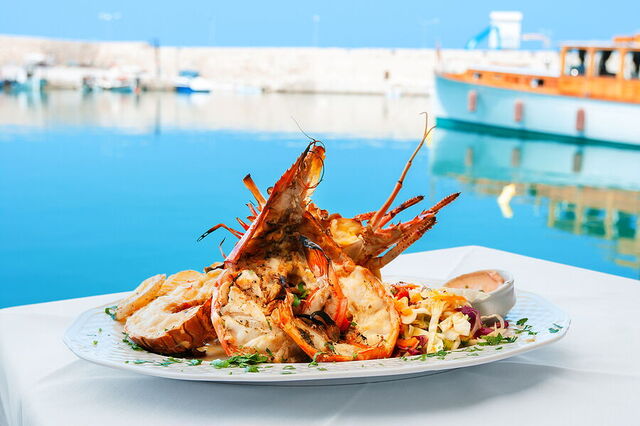 Enjoying lobster in Crete