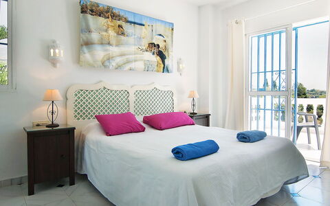 Villa Pueblo Jara: Furniture, Property, Azure, Comfort, Textile, Bed Frame, Interior Design, Window, Pillow, Bed