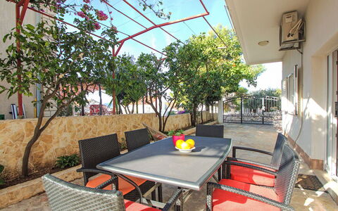 Brodarica Žaborić 110: Furniture, Outdoor Furniture, Chair, Table, Outdoor Table, Kitchen & Dining Room Table, Shade, Balcony, Patio, Houseplant