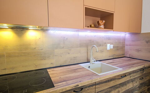 Brodarica Žaborić 110: Flooring, Countertop, Wood, Interior Design, Floor, Cabinetry, Kitchen, Wood Flooring, Furniture, Lighting