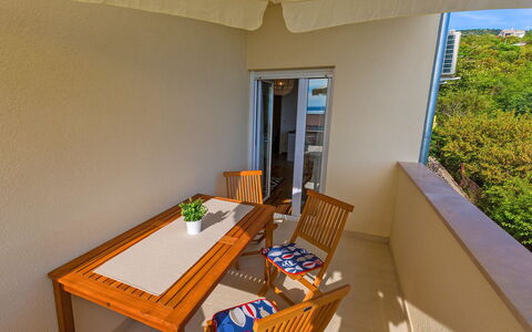 Novi Vinodolski Klenovica 104: Table, Furniture, Property, Building, Chair, Wood, Interior Design, Window, Plant, Flooring
