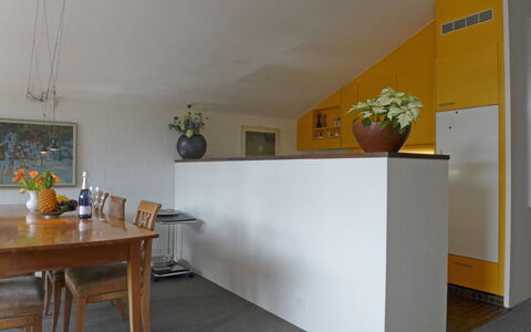 Im Gruebi Apt.5: Table, Plant, Furniture, Houseplant, Building, Flowerpot, Orange, Lighting, Interior Design, Wood