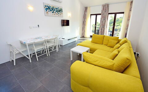 Brač Postira 104: Couch, Furniture, Property, Table, Studio Couch, Comfort, Living Room, Interior Design, Flooring, Picture Frame
