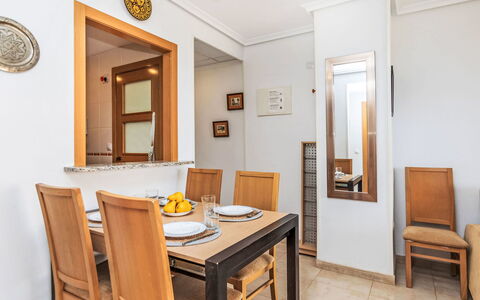 Jardines del Mar - Azahar: Furniture, Wood, Flooring, Interior Design, Floor, Kitchen & Dining Room Table, Table, Room, Dining Room, Lighting