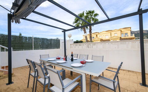 Calpe Calp 410: Furniture, Outdoor Furniture, Table, Chair, Outdoor Table, Shade, Swimming Pool, Resort, Patio, Kitchen & Dining Room Table