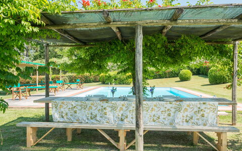 Villa Le Volte: Canopy, Pergola, Furniture, Botany, Grass, Pavilion, Shade, Table, Tree, Garden