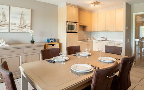 Lautrec 304 with Balcony: Table, Furniture, Cabinetry, Property, Chair, Countertop, Wood, Interior Design, Lighting, Drawer