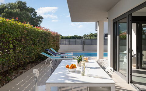 Villa Fasana: Furniture, Outdoor Furniture, Chair, Shade, Kitchen & Dining Room Table, Outdoor Table, Resort, Eco Hotel, Swimming Pool, Patio