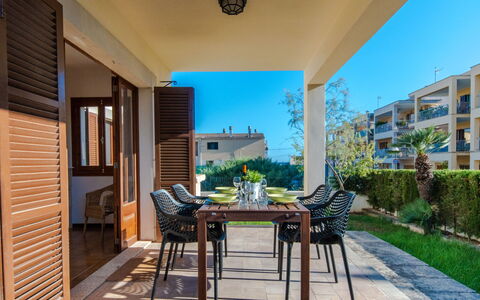 Es Trenc Pool-Beach House Xaloc 99: Plant, Furniture, Table, Window, Sky, Azure, Chair, Shade, Wood, Interior Design