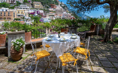 Villa Deli, In Positano, Sea View, Ac: Plant, Table, Furniture, Property, Chair, Tableware, Sky, Outdoor Table, Flowerpot, Outdoor Furniture
