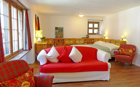 Chesa Rossa: Furniture, Room, Property, Interior Design, Living Room, Bedroom, Floor, Building, Bed, Hardwood