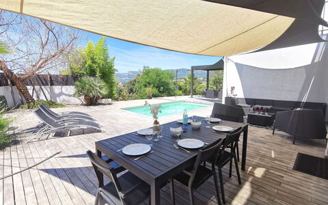 Les Oliviers: Table, Furniture, Property, Plant, Chair, Sky, Shade, Interior Design, Outdoor Furniture, Architecture
