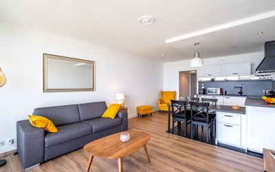 Résidence les Trois Iles 102.11: Furniture, Table, Couch, Picture Frame, Cabinetry, Wood, Kitchen Appliance, Living Room, Orange, Lighting