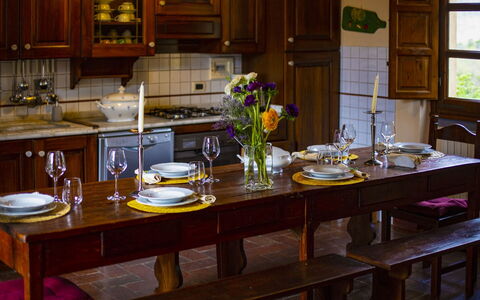 Collina dei Fiori: Furniture, Table, Tableware, Wood, Interior Design, Dining Room, Kitchen & Dining Room Table, Lighting, Chair, Flooring