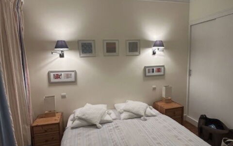 Les Mouettes: Bed, Furniture, Bedroom, Interior Design, Wall, Bedding, Bed Sheet, Ceiling, Wood, Room