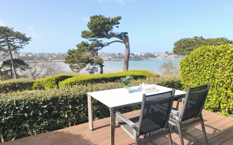 Dinard 220: Furniture, Outdoor Furniture, Shrub, Table, Outdoor Table, Shade, Chair, Coastal And Oceanic Landforms, Sea