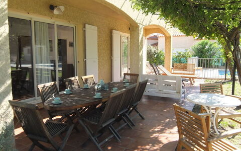 Villa Brigantin: Furniture, Table, Property, Chair, Shade, Interior Design, Tree, Building, Outdoor Furniture, Wood