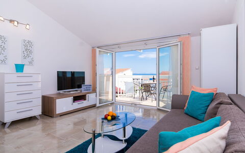 Trogir Okrug Gornji 314: Furniture, Property, Couch, Table, Comfort, Azure, Picture Frame, Living Room, Interior Design, Orange