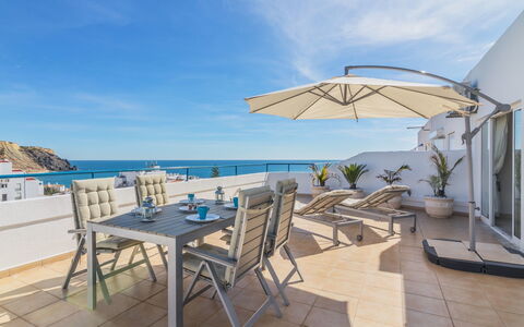 Praia da Luz Sea View: Property, Building, Real Estate, Apartment, Furniture, House, Sea, Room, Vacation, Table