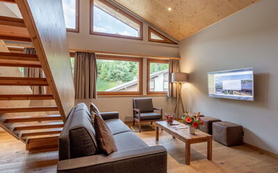 Swisspeak Resorts Vercorin 9000.121: Interior Design, Wood, Flooring, Ceiling, Floor, Room, Hardwood, Wood Flooring, Couch, Living Room