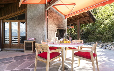 Chalet Mayens: Property, Furniture, Table, Plant, Outdoor Furniture, Interior Design, Wood, Shade, Outdoor Table, Building