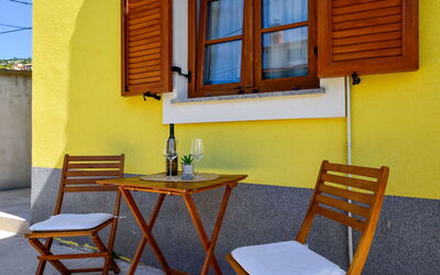 Sveti Juraj 103: Furniture, Building, Window, Table, Blue, Wood, Chair, Yellow, Interior Design, Shade