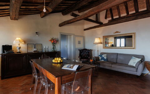 Terrazza Cortonese: Furniture, Table, Property, Picture Frame, Wood, Interior Design, Couch, Chair, Floor, Living Room