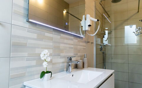 Sunny Adriatic: Bathroom, Interior Design, Flooring, Wall, Plumbing Fixture, Floor, Mirror, Bathroom Cabinet, Tap, Bathroom Sink