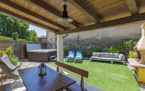 Ana: Table, Furniture, Plant, Building, Azure, Outdoor Furniture, Shade, Interior Design, Wood, Houseplant