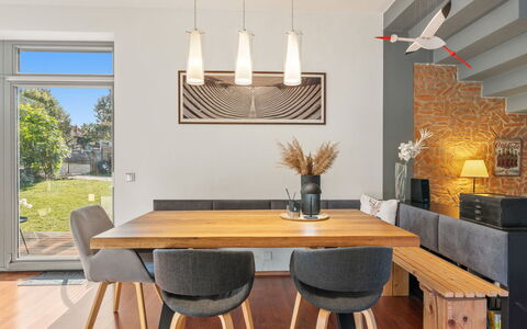 Řeporyje: Furniture, Interior Design, Flooring, Chair, Floor, Wall, Table, Dining Room, Light Fixture, Wood