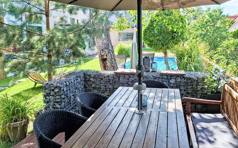 Řeporyje: Furniture, Chair, Outdoor Furniture, Table, Wood, Outdoor Table, Kitchen & Dining Room Table, Shade, Garden, Umbrella