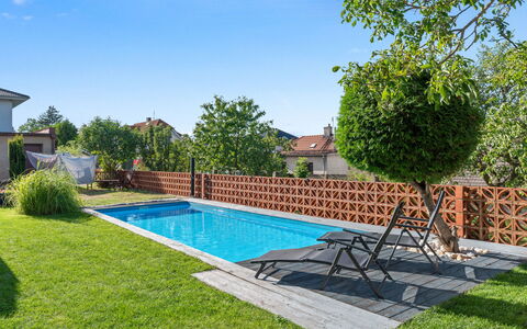 Řeporyje: Swimming Pool, Residential Area, Garden, Home, Composite Material, Outdoor Furniture, Backyard, Eco Hotel, Shade, Leisure