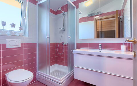 Villa Valentina: Mirror, Plumbing Fixture, Property, Tap, Sink, Bathroom Cabinet, Building, Purple, Bathroom