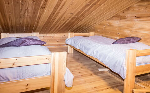 Purnukylä 6: Wood, Bedroom, Ceiling, Furniture, Bed, Floor, Attic, Interior Design, Flooring, Hardwood