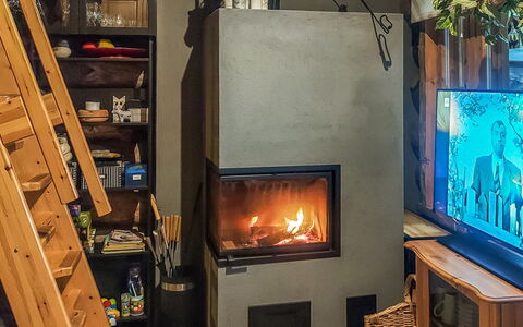 Salmikangas H2: Furniture, Interior Design, Shelving, Shelf, Room, Hearth, Wood-Burning Stove, Home Appliance, Living Room, Wood Stain