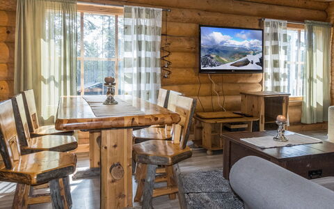 Aurora Cabin: Furniture, Wood, Interior Design, Flooring, Table, Home, Ceiling, Floor, Room, Living Room