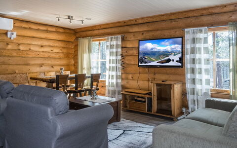 Aurora Cabin: Wood, Furniture, Flooring, Home, Floor, Cottage, Couch, Living Room, Hardwood, Log Cabin