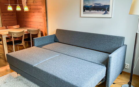 Ylläs Chalets A307: Couch, Furniture, Floor, Living Room, Apartment, Comfort, Sofa Bed, Pillow, Lamp
