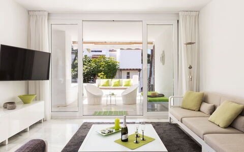 Alcazaba Beach: Living Room, Room, Furniture, Interior Design, White, Property, Green, Coffee Table, House, Table