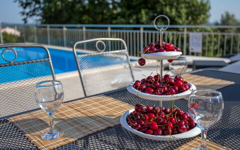 Legović: Red, Table, Food, Cobalt Blue, Centrepiece, Fruit, Tablecloth, Plant, Furniture
