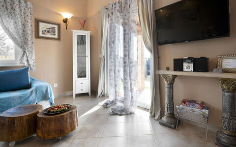 Villa Aurora: Floor, Room, Property, Interior Design, Furniture, Tile, Building, Living Room, Wall, Flooring