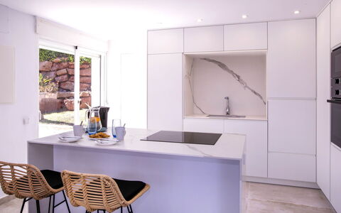 Villa Alta Vista: Cabinetry, Furniture, Property, Countertop, Table, Wood, Chair, Architecture, Kitchen, Flooring