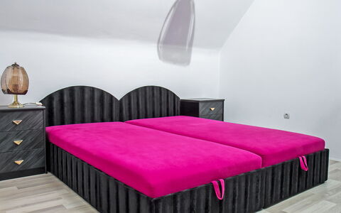 Vilma: Furniture, Comfort, Bed Frame, Rectangle, Textile, Purple, Building, Lighting, Wood, Interior Design