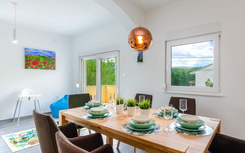Villa Anđelika: Room, Dining Room, Furniture, Property, Green, Interior Design, Table, Turquoise, Building, Ceiling
