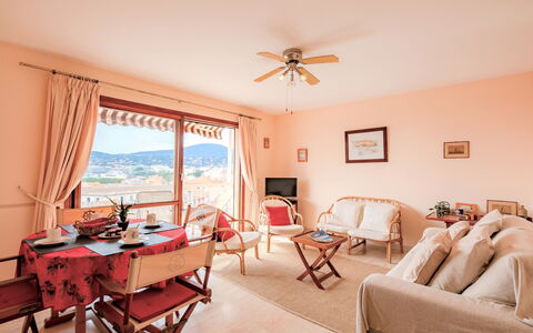 Sainte Maxime 135: Table, Furniture, Picture Frame, Window, Wood, Ceiling Fan, Chair, Couch, Interior Design, Living Room
