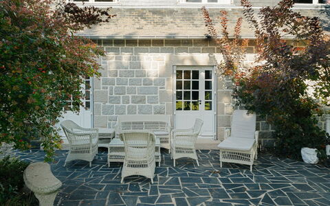 La Roche Blanche: Outdoor Furniture, Furniture, Flagstone, Chair, Flowerpot, Garden, Shade, Outdoor Table, Concrete, Patio