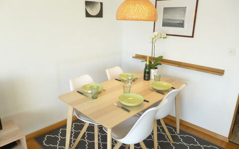 Crans-Montana 106: Room, Furniture, Property, Table, Green, Dining Room, Interior Design, Chair, Yellow, House