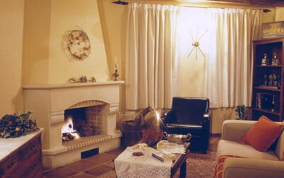Archanes Villa 5.1: Living Room, Room, Interior Design, Furniture, Property, Curtain, Ceiling, Wall, Fireplace, Building