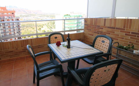 Torre Maestral: Table, Furniture, Property, Window, Chair, Building, Tableware, Plant, Wood, Sky